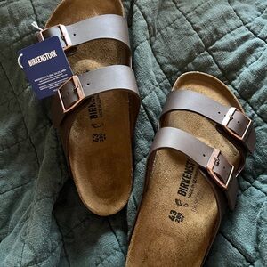 Birkenstock Arizona Two-Strap Sandals in Brown with Rose Gold Buckles